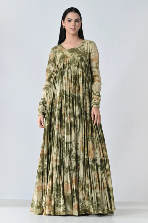 Olive Meadow Pleated Printed Dress