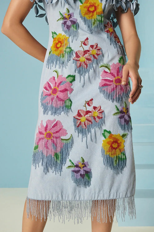 Powder Blue Floral Beadwork Cape Dress