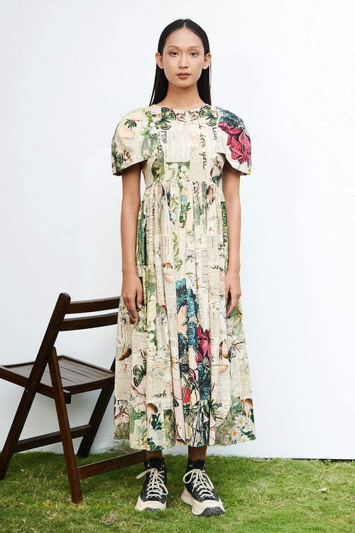 Newspaper Print Puffered Sleeve Dress