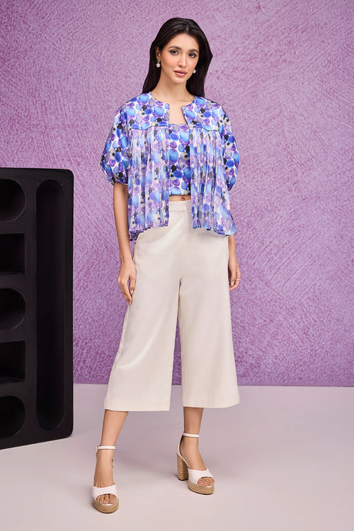Blue Aquarelle Print Bubble Sleeve Jacket