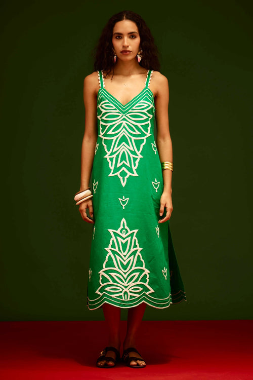 Avocado Green Strappy Embroidered Cotton Dress