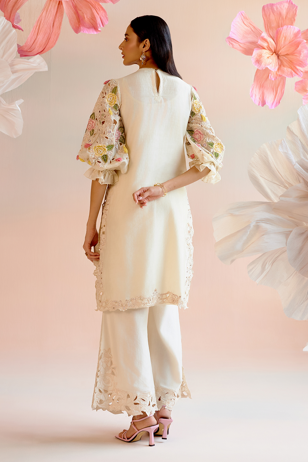 Ivory Floral Work Kurta with Bell Bottom Pant and Dupatta