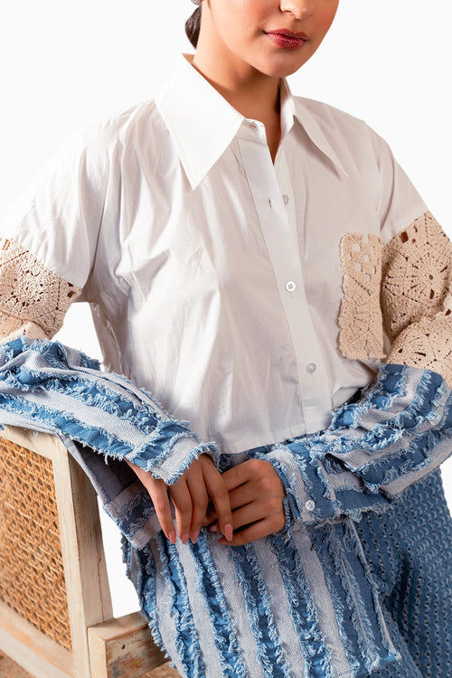 Cotton Crochet Denim Stripes Shirt