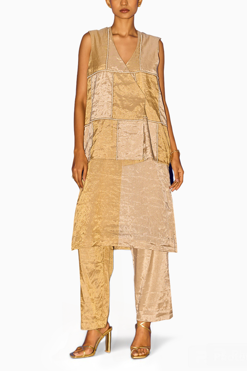 Patchwork Sleeveless Jacket with Kurta And Pants