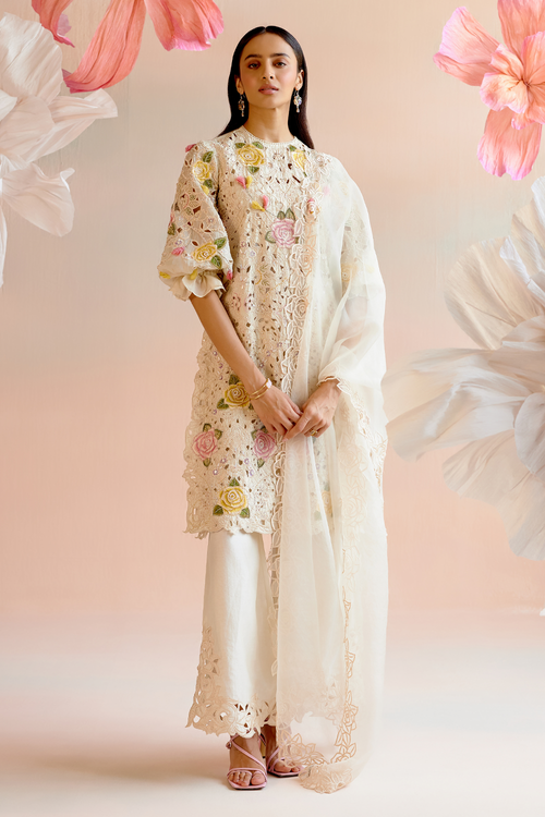 Ivory Floral Work Kurta with Bell Bottom Pant and Dupatta