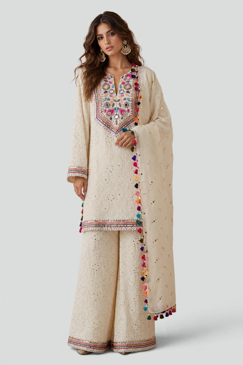 Stone Chikankari Kurta With Palazzo And Dupatta