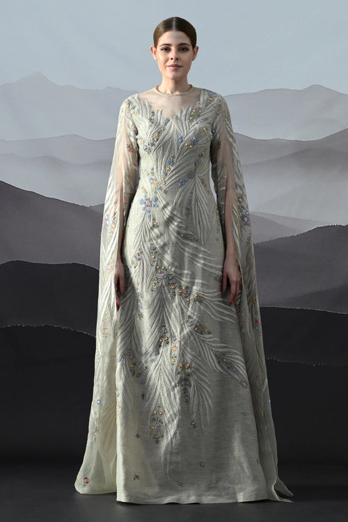 Soft Grey Gown With Handworked Floral Trails And Sheer Overlay