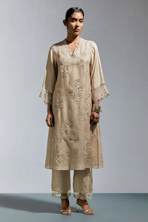 Shell Floral Threadwork Silk Kurta Set