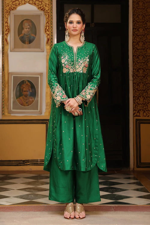 Ahista Green Mayur Applique Frockstyle Kurta Set
