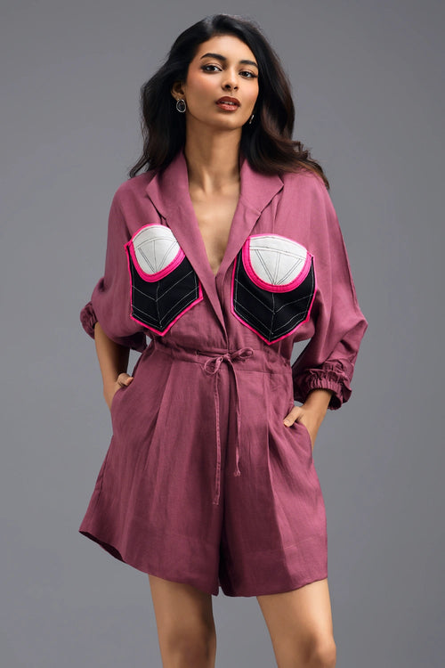 Pink Linen Playsuit with Colour-Block Pocket
