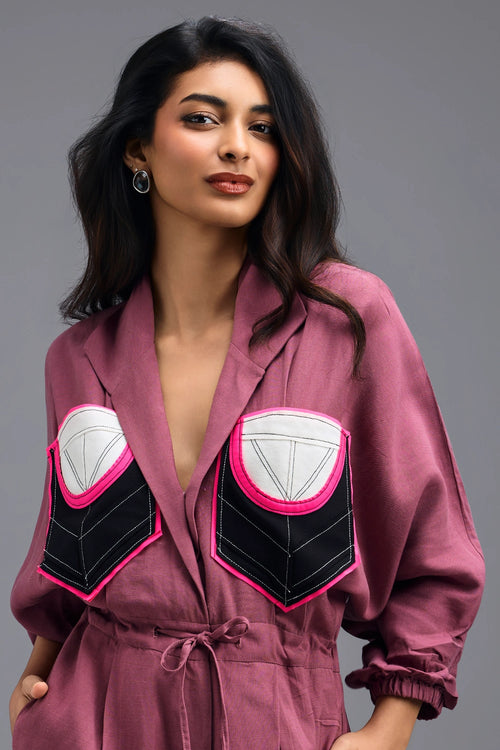 Pink Linen Playsuit with Colour-Block Pocket