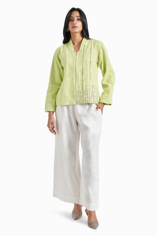 Lime Green Denim Sequins Jacket And Pants Set