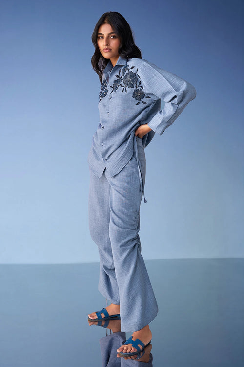 Beaded Linen-Textured Shirt and Wide-Legged Pant Set