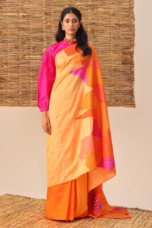 Orange Multi Bandhani Patchwork Saree