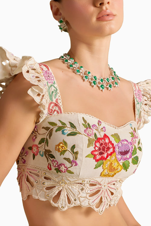 Ivory Multicolour Floral Embroidered Bustier And Lehenga