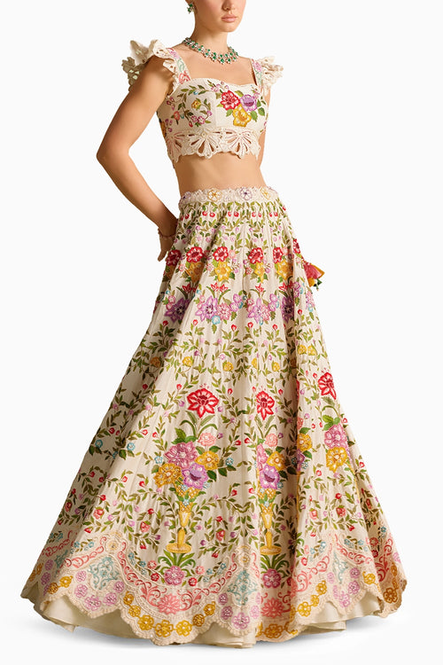 Ivory Multicolour Floral Embroidered Bustier And Lehenga