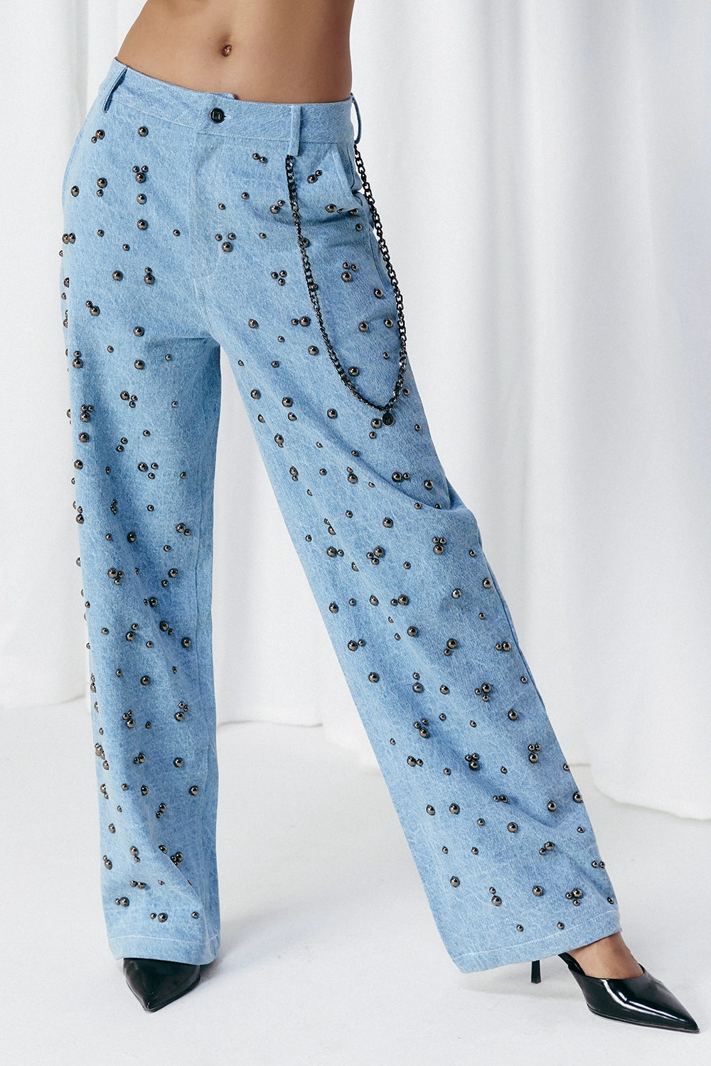 Blue Washed Denim Studded Jeans