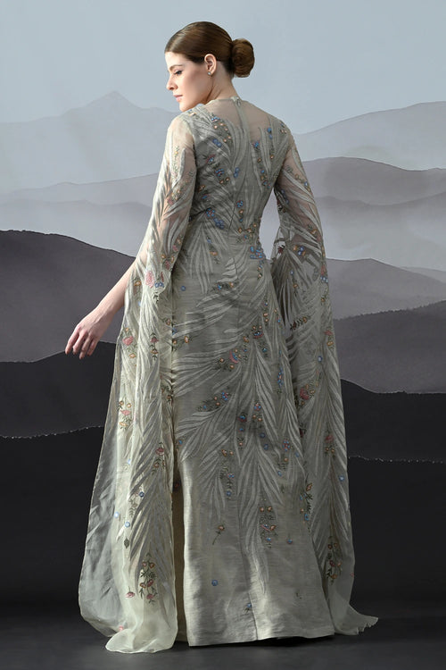 Soft Grey Gown With Handworked Floral Trails And Sheer Overlay
