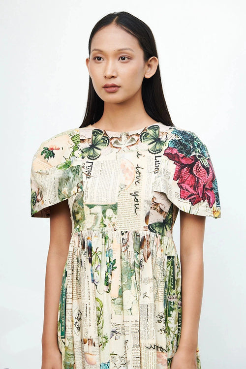 Newspaper Print Puffered Sleeve Dress
