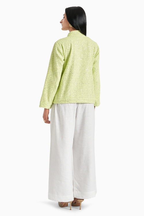 Lime Green Denim Sequins Jacket And Pants Set
