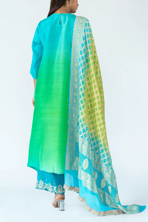 Green Ombre Kurta With Dupatta
