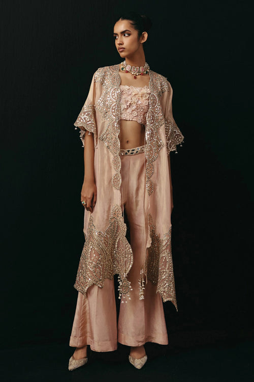 Golden Zari Applique Cape with 3D Floral Bandeau and Ankle Length Palazzos