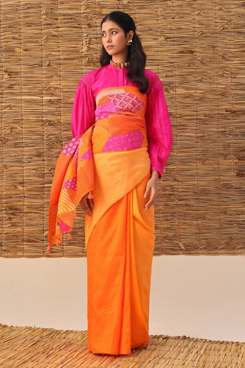 Orange Multi Bandhani Patchwork Saree