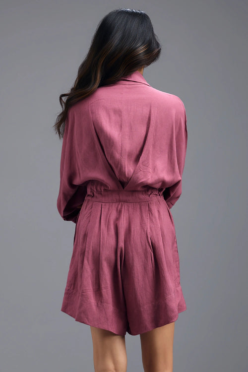 Pink Linen Playsuit with Colour-Block Pocket