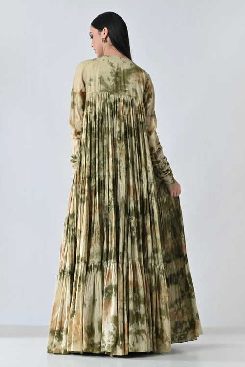 Olive Meadow Pleated Printed Dress