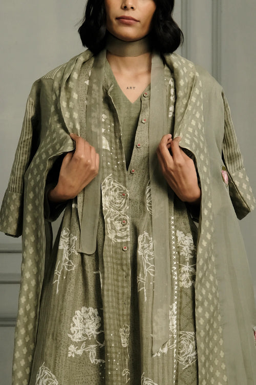 Sage Green Organza Jacket with Gauze Linen Dress And Pants