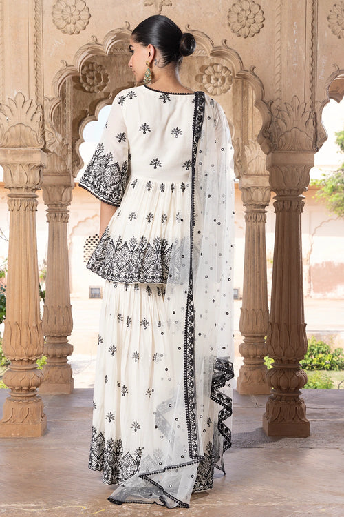 Black and White all-over Ambi Embroidered Sharara with Dupatta