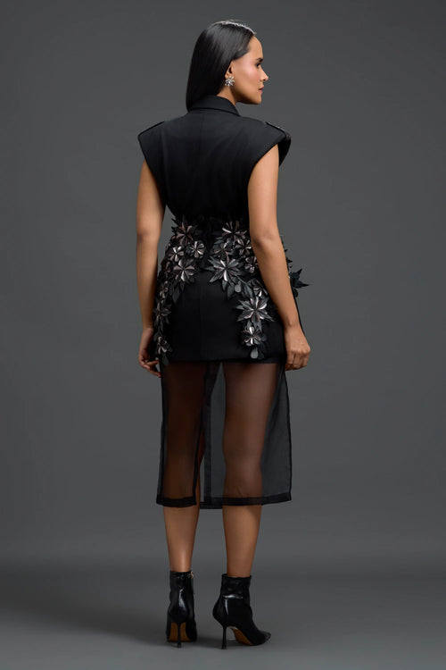Black 3D Floral Blazer Dress with Organza Overlay