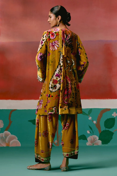 Mustard Floral Velvet Kurta Set