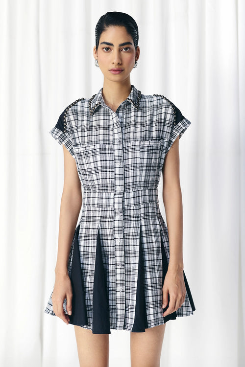 Black & White Check-Solid Panel Studded Dress