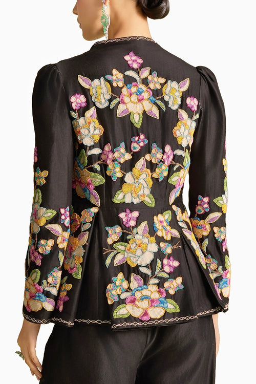 Black Cordwork And Beadwork Pleated Peplum Jacket