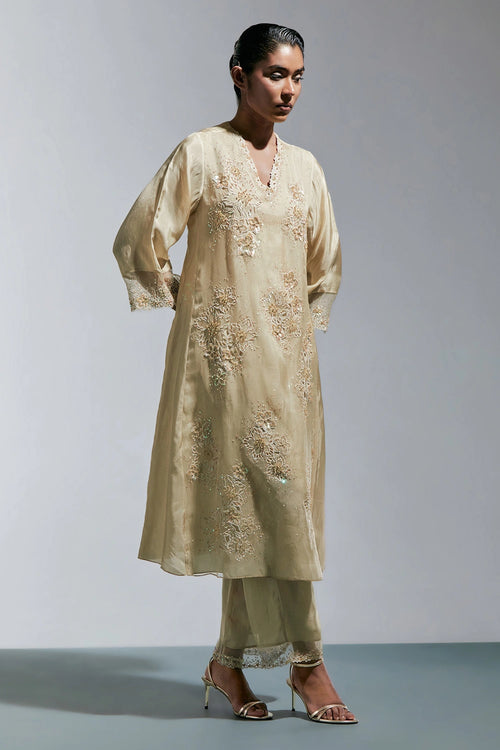 Shell Floral Threadwork Silk Kurta Set
