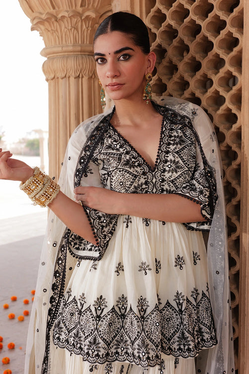 Black and White all-over Ambi Embroidered Sharara with Dupatta