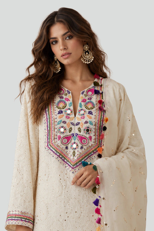 Stone Chikankari Kurta With Palazzo And Dupatta