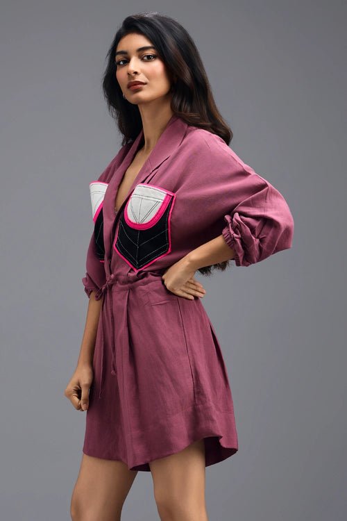 Pink Linen Playsuit with Colour-Block Pocket