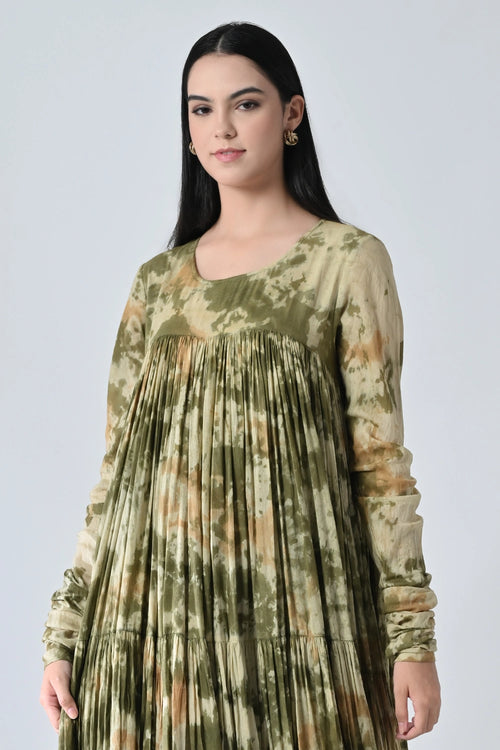 Olive Meadow Pleated Printed Dress