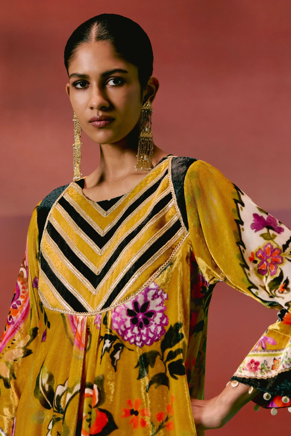 Mustard Floral Velvet Kurta Set