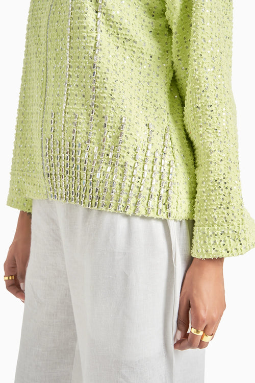 Lime Green Denim Sequins Jacket And Pants Set