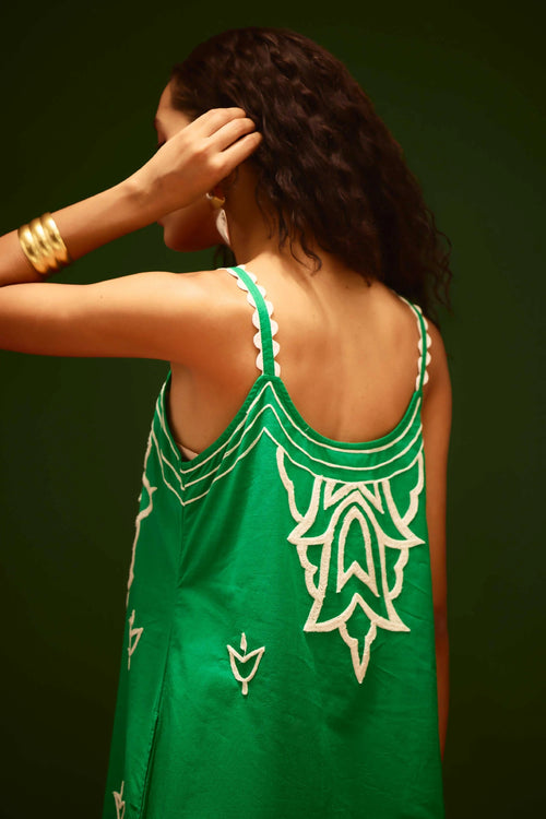 Avocado Green Strappy Embroidered Cotton Dress