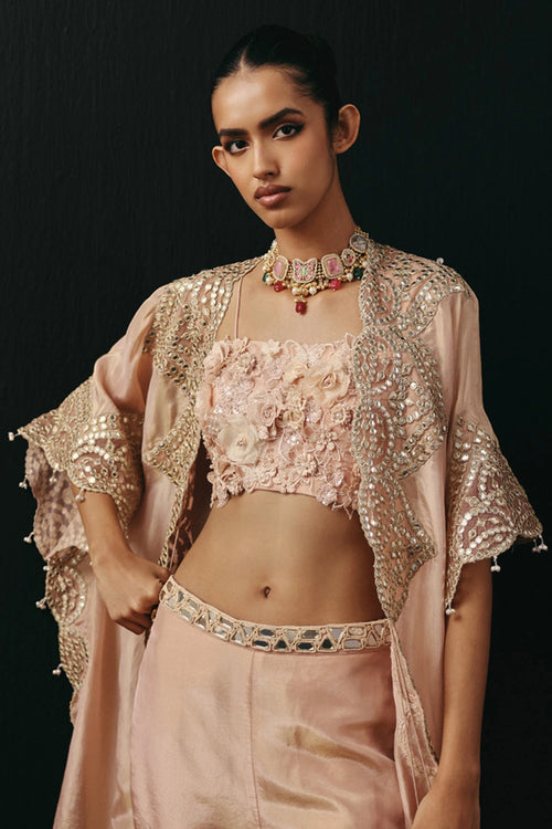 Golden Zari Applique Cape with 3D Floral Bandeau and Ankle Length Palazzos