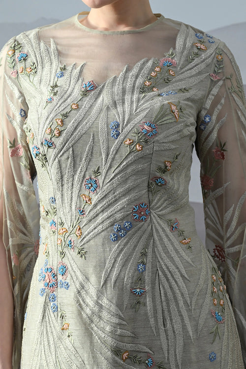 Soft Grey Gown With Handworked Floral Trails And Sheer Overlay