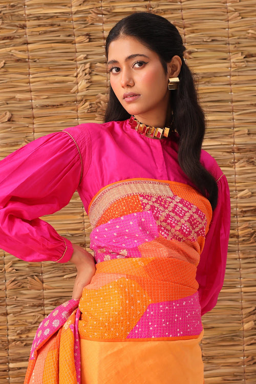 Orange Multi Bandhani Patchwork Saree