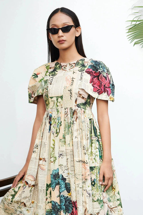 Newspaper Print Puffered Sleeve Dress