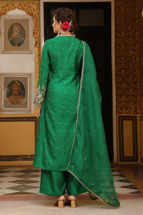Ahista Green Mayur Applique Frockstyle Kurta Set With Dupatta
