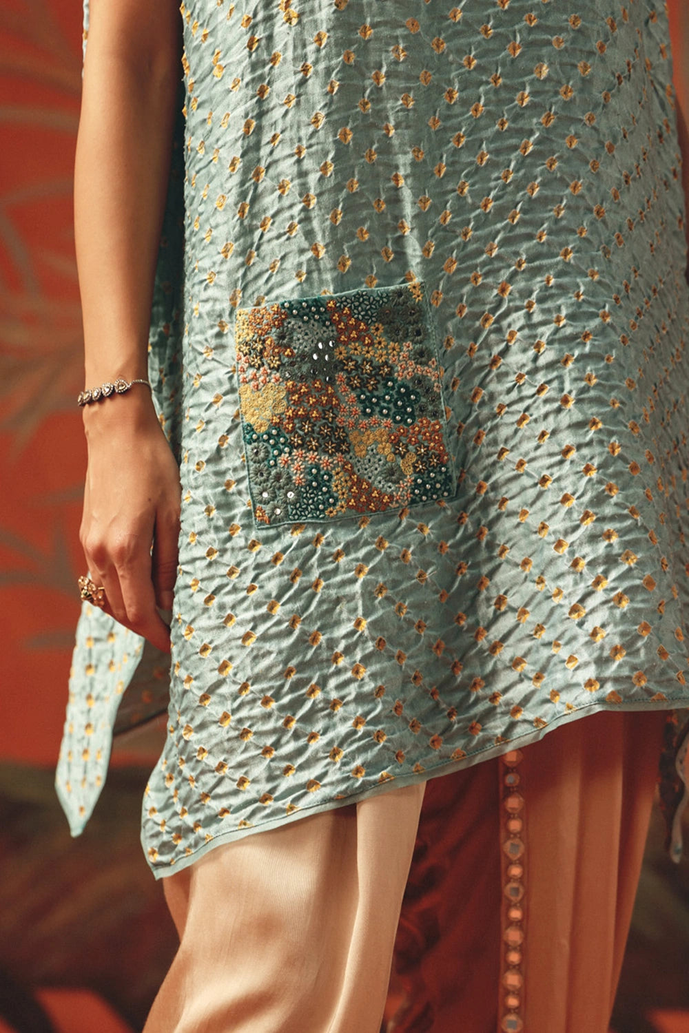 Seafoam Kite Top with Pocket Mirrorwork and Tulip Dhotis