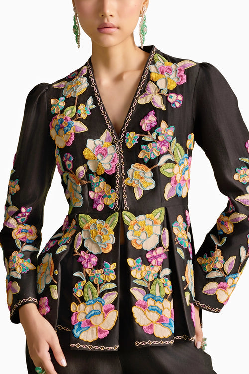 Black Cordwork And Beadwork Pleated Peplum Jacket